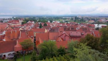 Panoramic view of the city of Ptuj with its red-roofed houses by the Drava River, Slovenia