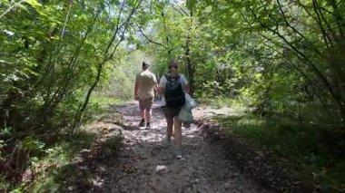 Slovenya 'nın Boka Şelalesi çevresindeki ormanlarda yürüyüş yapan turistler