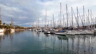Barcelona limanının muhteşem panoramik manzarası. Dönme dolabı ve limana yanaşmış bir sürü yelkenli teknesi var.