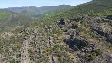 Kaya oluşumları ve çok renkli çiçekler ilkbaharda Madrid dağlarında