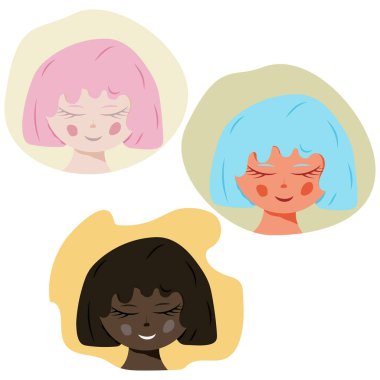 Sevimli düz karakterler, farklı milletlerden kızlar ve ten renkleri.