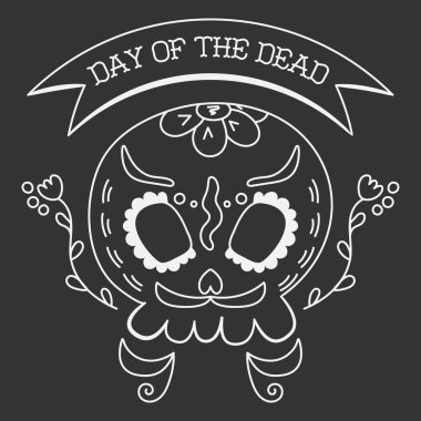 Kafatası, ölüm günü için çiçek ve yapraklarla süslenmiş. Meksika sosyal ağlar, posterler, afişler, davetiyeler için eskiz tarzında vektör imajı