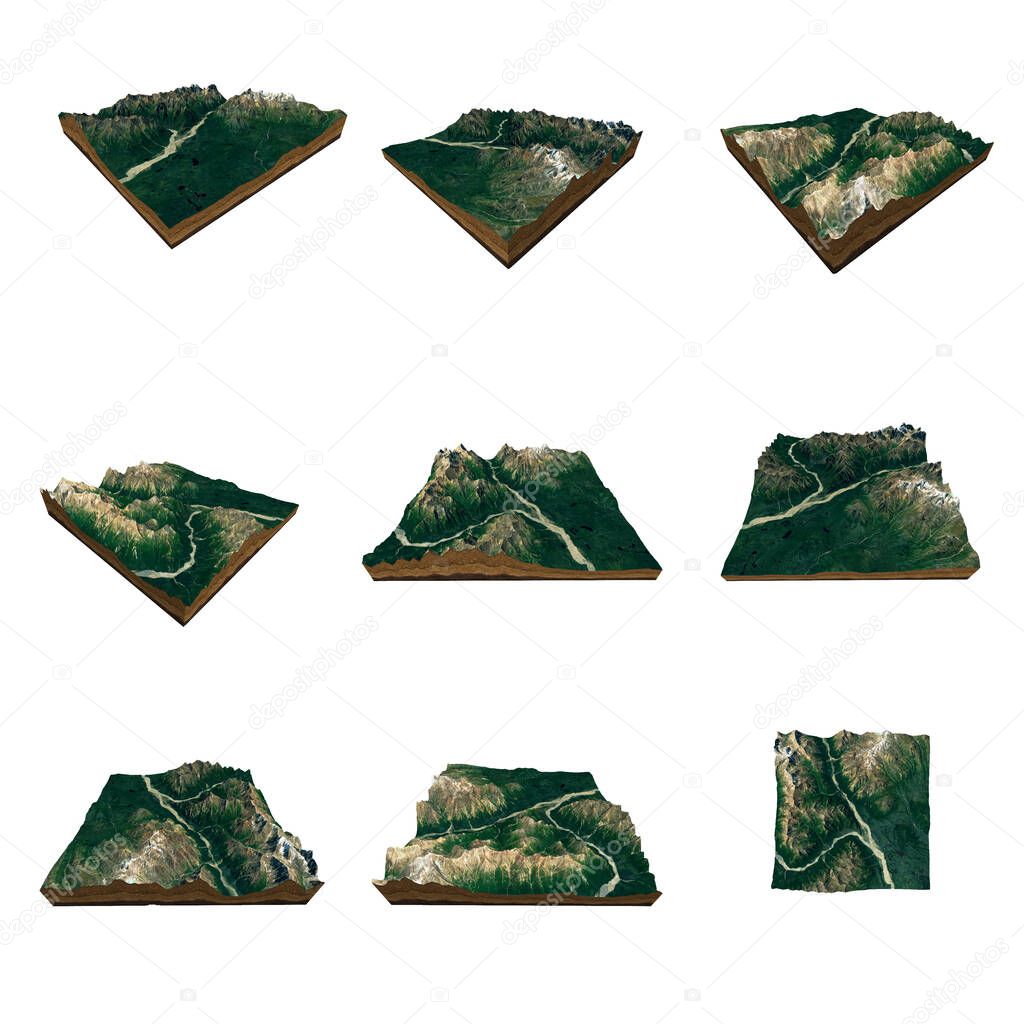 Collect 3D map terrain for infographics. Cutout 3D map terrain on white background. 3D Rendering.