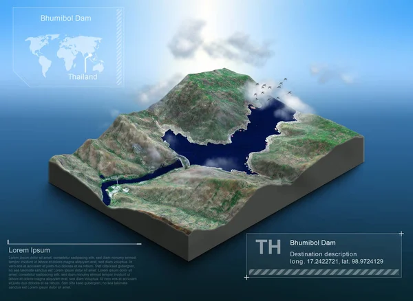 Bhumibol barajının Isometric 3d 'si Tayland' da bilgi grafiği ve konum simgesi için.