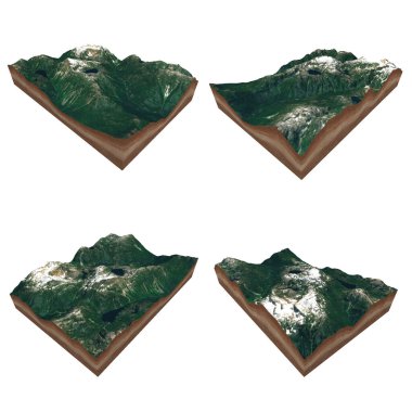 Visual views of all 4 sides of the virtual landscape for infographics. Cutout 3D map terrain on white background. 3D Rendering. clipart
