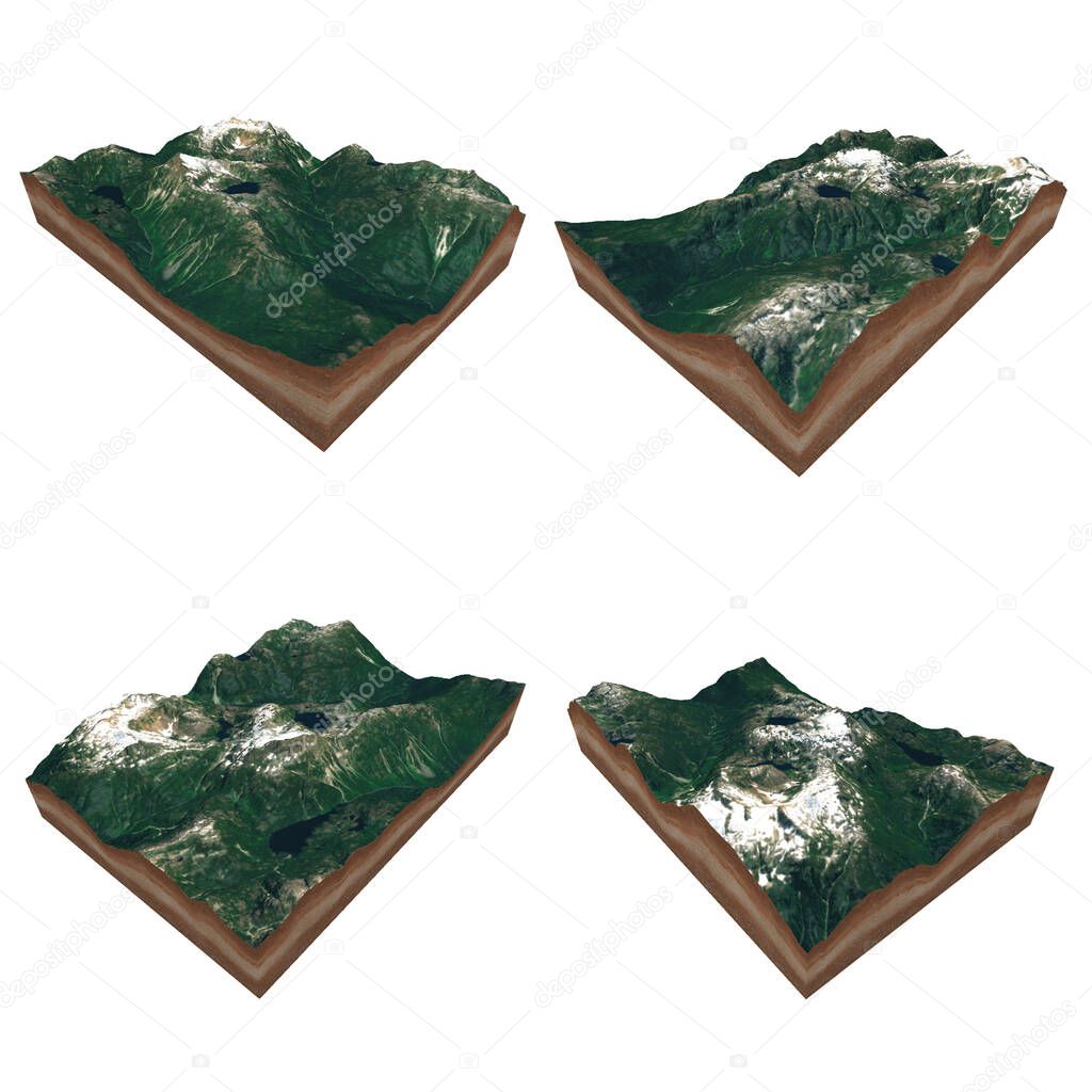 Visual views of all 4 sides of the virtual landscape for infographics. Cutout 3D map terrain on white background. 3D Rendering.