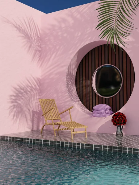 Havuz pembe minimalist. Özel yüzme havuzu Koltuklar ve dairesel aynalar var.