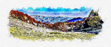 Peyzaj suluboya resmi. Dağların kuş bakışı görüntüsü.