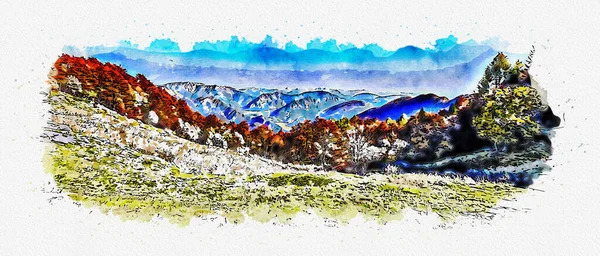 Peyzaj suluboya resmi. Dağların kuş bakışı görüntüsü.