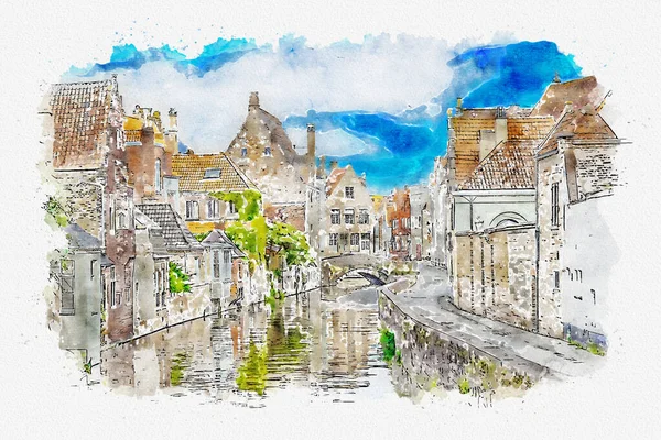 Watercolor drawing of town. Citiscape illustration.
