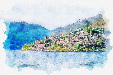 Kasabanın suluboya çizimi. Vatandaş çizimi.