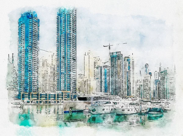 Desenho Aquarela Cidade Ilustração Paisagem Urbana — Fotografia de Stock