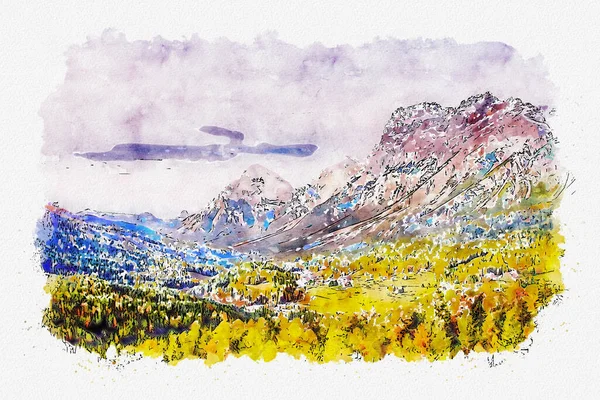 Watercolor drawing of Mountain. Landscape illustration.