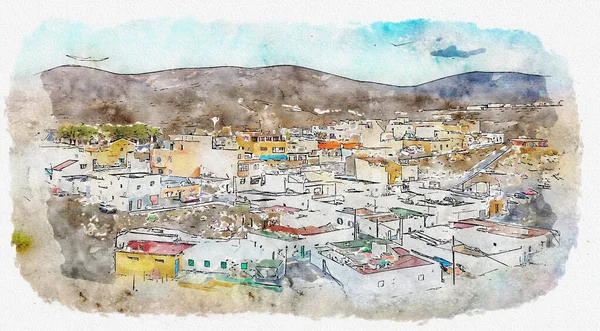 Watercolor drawing of town. Citiscape illustration.