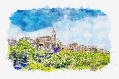 Kasabanın suluboya çizimi. Vatandaş çizimi.