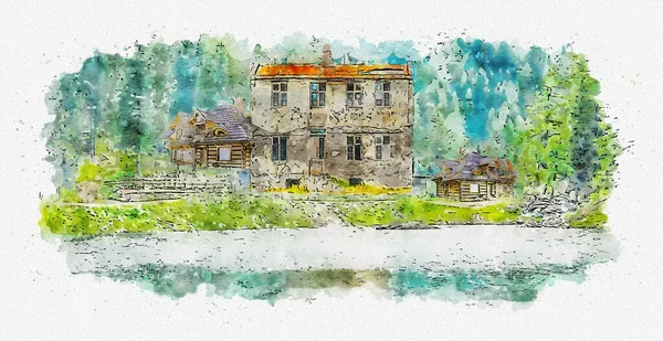 Watercolor drawing of Home in mountain. Landscape illustration.