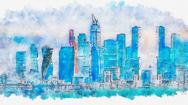 Desenho Aquarela Cidade Ilustração Paisagem Urbana — Fotografia de Stock