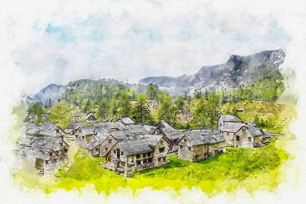 Watercolor drawing of town. Citiscape illustration.