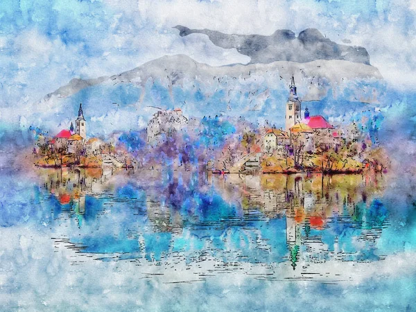 Desenho Aquarela Edifício Montanha Ilustração Paisagem — Fotografia de Stock