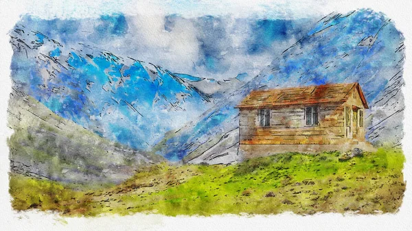 Watercolor drawing of Home in mountain. Landscape illustration.