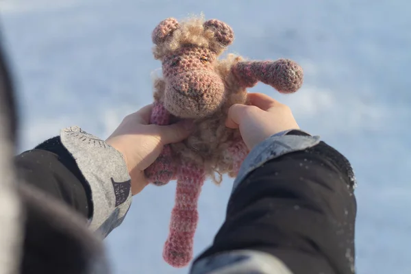 Handmade knitted sheep in the hands of a child in winter.