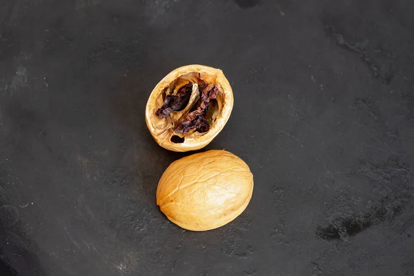 Rotten Walnut Black Background Dried Spoiled Walnut Kernel — Stock Photo, Image