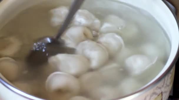 Wymieszać pierogi gotowane we wrzącej wodzie w rondlu łyżeczką — Wideo stockowe