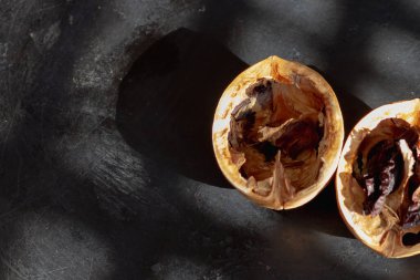 Siyah arka planda kurumuş ceviz çekirdeği olan boş bir ceviz kabuğu.