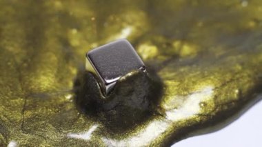 Altın manyetik plastikler metal bir mıknatısı küp şeklinde kaplar. Mıknatısın parlak bir balçık tarafından emilimi