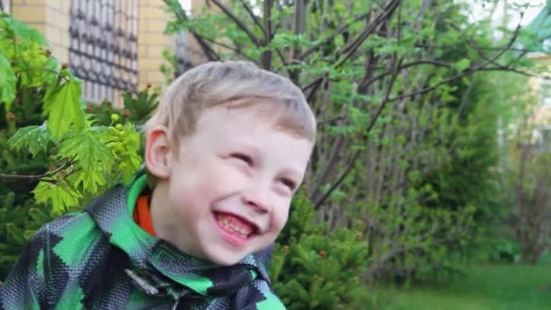 Naughty Cheerful Boy Blonde Caucasian Years Old Green Jacket Imitates — Stock Video