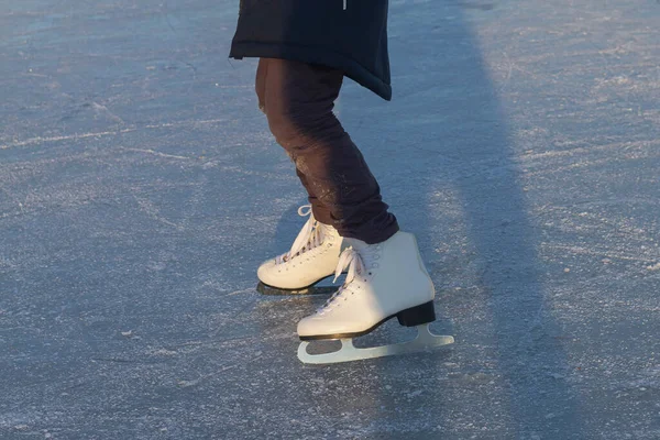 Child White Skates Clumsily Rides Winter Ice River Lake — Stock Photo, Image