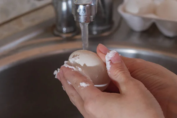 Man Washes Chicken White Eggs Tap Soda Water Remove Dirt — Stock Photo, Image