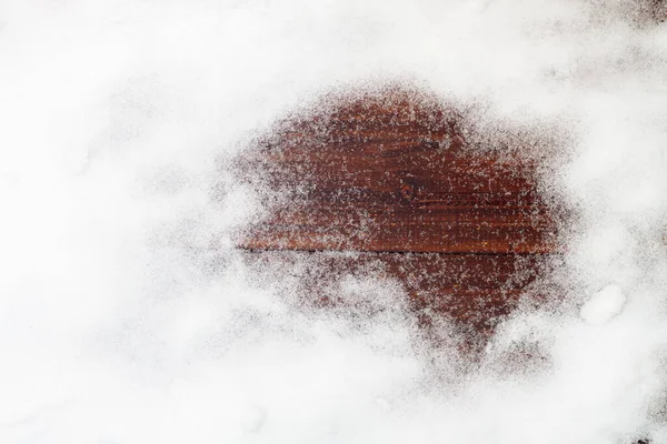 Fondo Invierno Nevado Nieve Real Sobre Tablas Marrones Copiar Espacio —  Fotos de Stock