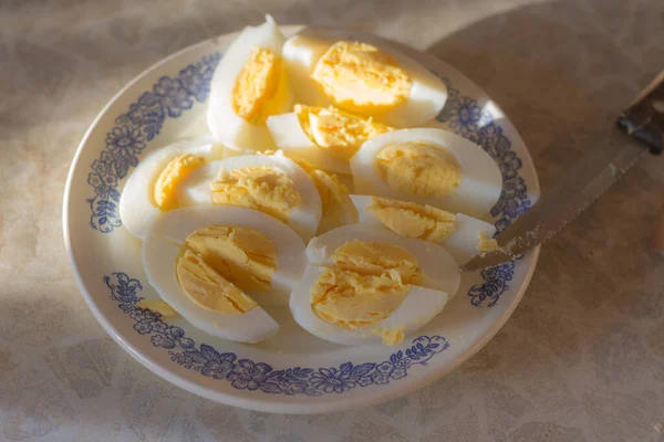 Boiled Chicken Eggs Sliced Plate — Stock Photo, Image