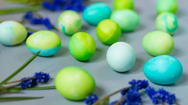 Easter Background Green Blue Eggs Harmony Natural Shades Flowers — Stock Photo, Image