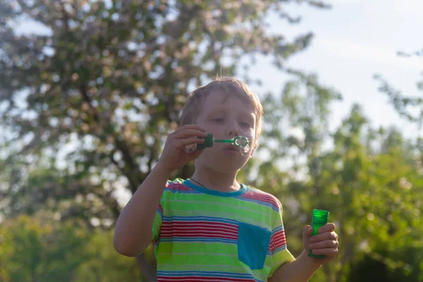 Der Junge Spielt Sommer Und Pustet Garten Seifenblasen Mit Dem — Stockfoto