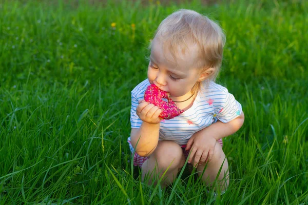 Picknick Zomer Voor Kinderen Schattig Baby Meisje Jaar Oud Eet — Stockfoto