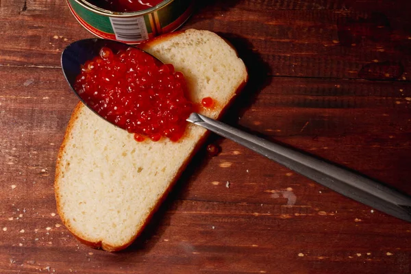 Smear Sandwich Red Caviar Spoon — Stock Photo, Image