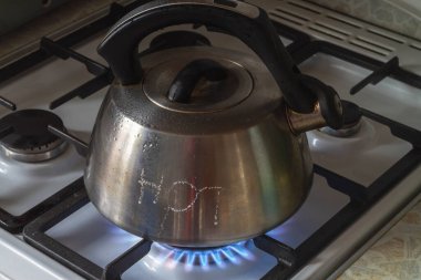 Su mutfaktaki gaz sobasında çelik bir çaydanlıkta kaynıyor..