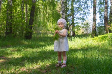 Yazın beyaz elbiseli ve panama şapkalı tatlı bir kız bebek ormanda bir buket narin kır çiçeği tutuyor..