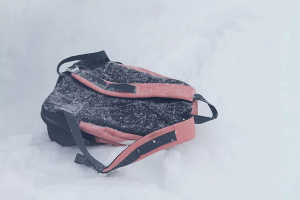 Pink backpack lying on the snow in winter.