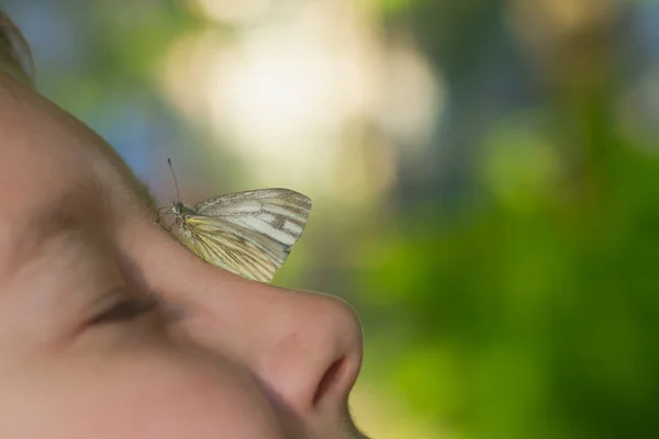 White butterfly on the nose on the face of a teenage boy, the child is smiling and happy.