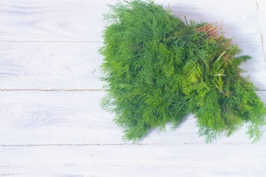 Dill beyaz ahşap arka planda, sulu taze dereotu bahçe yatağında toplandı.