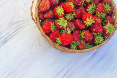 Kırmızı olgun çileklerle dolu bir sepet beyaz ahşap bir masada, bahçelerde toplanır..