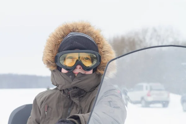 Portrait Teenage Boy Yellow Safety Glasses Hood Fur Winter Snowmobile — Stock Photo, Image
