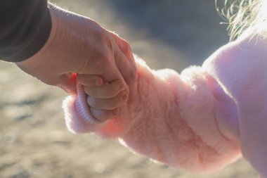 Anne kızının elinden tutar, çocuk elini tutar, aile birliği kavramı..