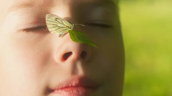 Zomer Een Vlinder Zit Neus Van Een Tiener Jongen Een — Stockfoto