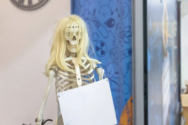 The skeleton of a human woman in a blonde wig on her head with an empty sign for text in her hands.