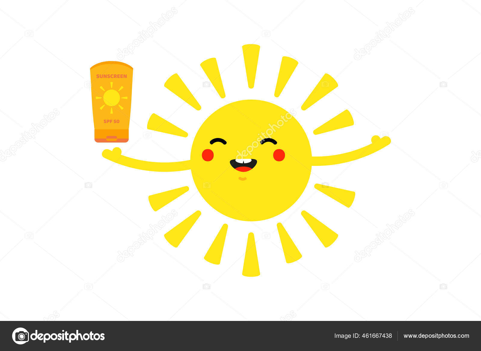 かわいい漫画スタイルの太陽の文字を手に日焼け止めのボトル チューブを保持 夏時間の概念中の太陽の保護 ストックベクター C Cosmic Pony