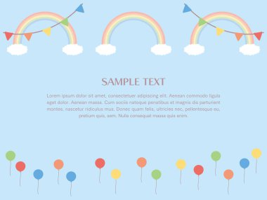 Balonların ve gökyüzünün arkaplan çizimi. Bir gökkuşağı ve bir çelenk var. Örnek metinle.